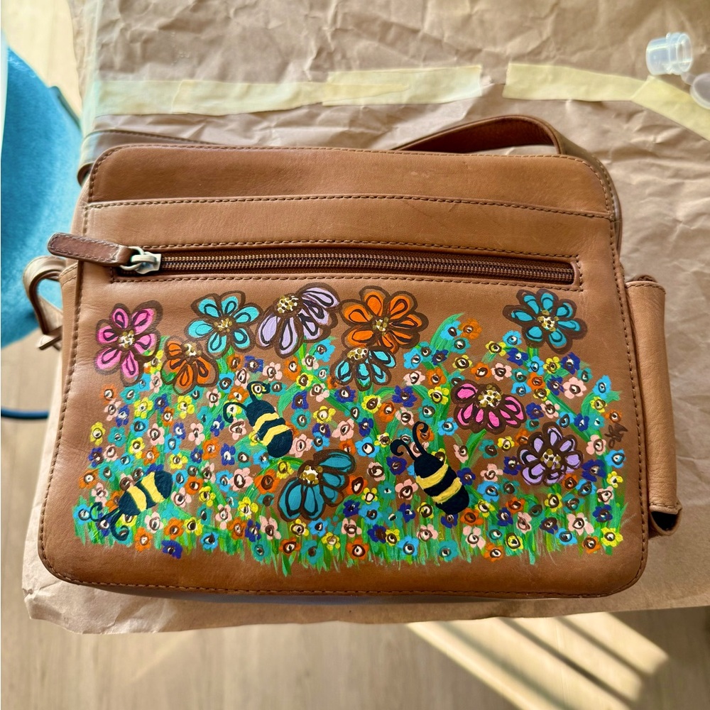Leather Crossbody with Hand Painted Flowers and Adorable Bees